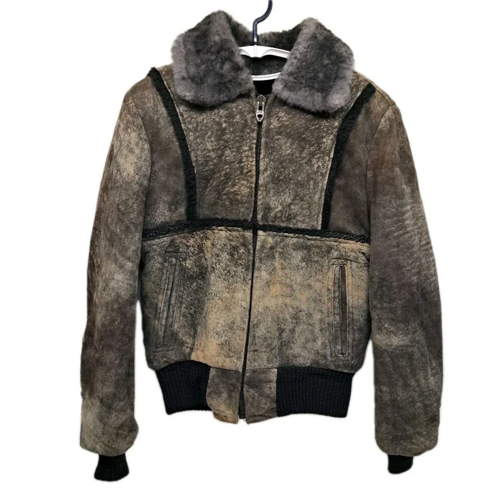 Vintage Garsel Sherpa Lined Genuine Suede Brown Beige Bomber Jacket - Women's 36 - Picture 1 of 9